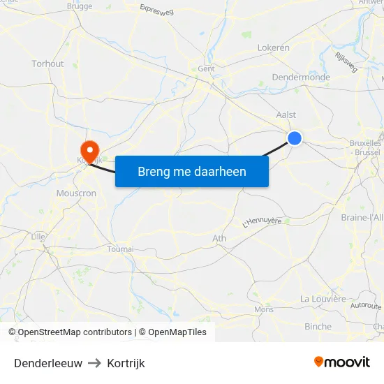 Denderleeuw to Kortrijk map