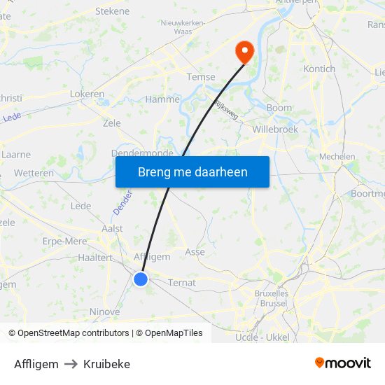 Affligem to Kruibeke map