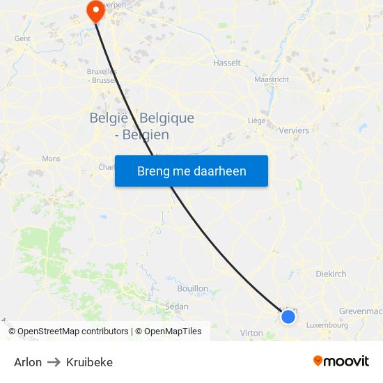 Arlon to Kruibeke map