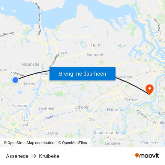 Assenede to Kruibeke map