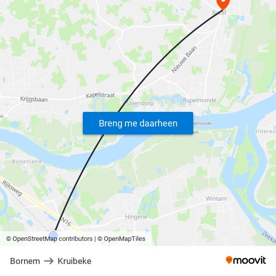 Bornem to Kruibeke map