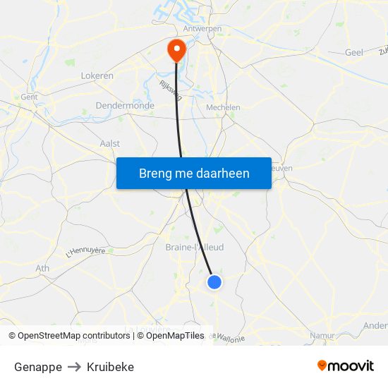 Genappe to Kruibeke map