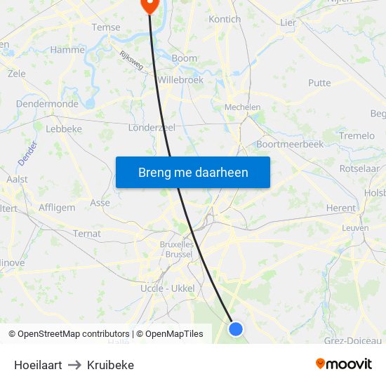 Hoeilaart to Kruibeke map