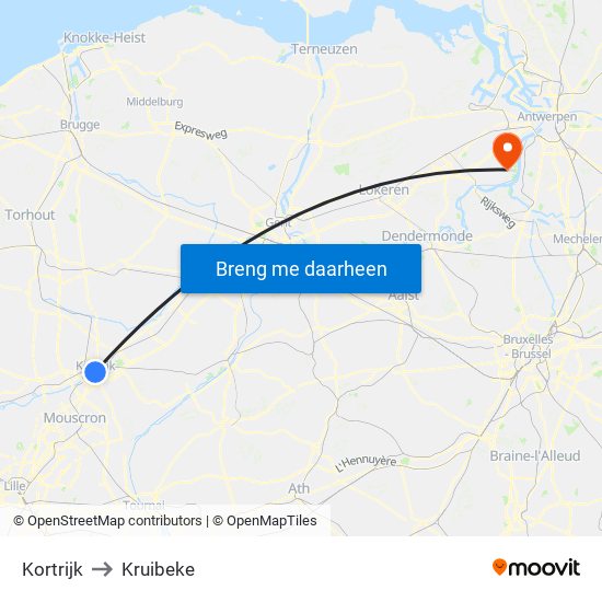 Kortrijk to Kruibeke map