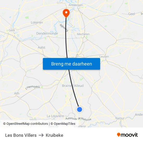Les Bons Villers to Kruibeke map