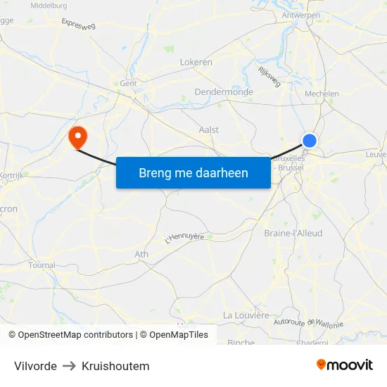 Vilvorde to Kruishoutem map