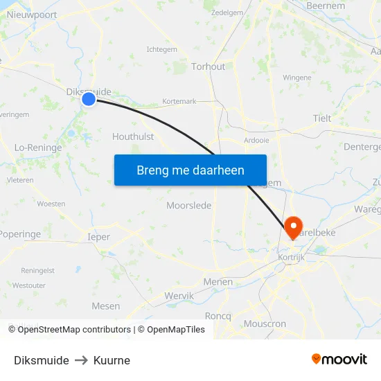 Diksmuide to Kuurne map