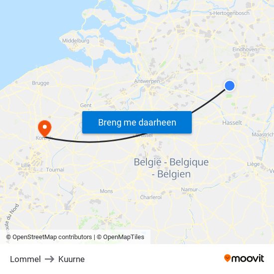 Lommel to Kuurne map
