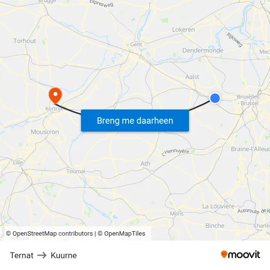 Ternat to Kuurne map