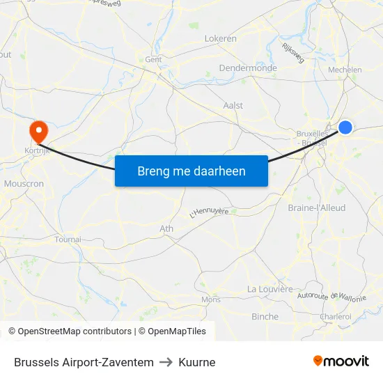 Brussels Airport-Zaventem to Kuurne map