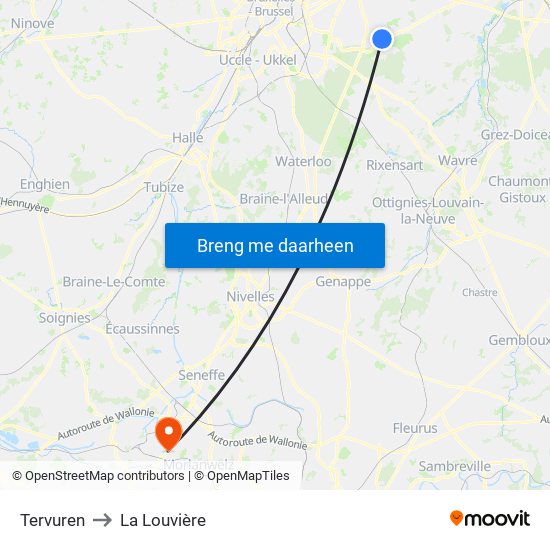 Tervuren to La Louvière map