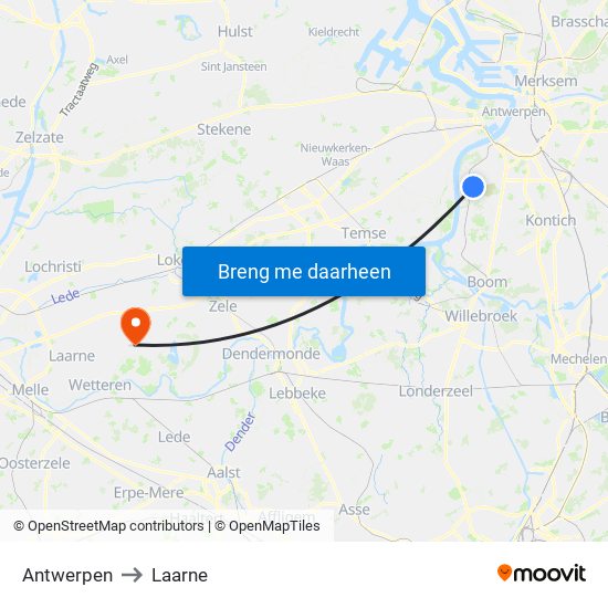 Antwerpen to Laarne map