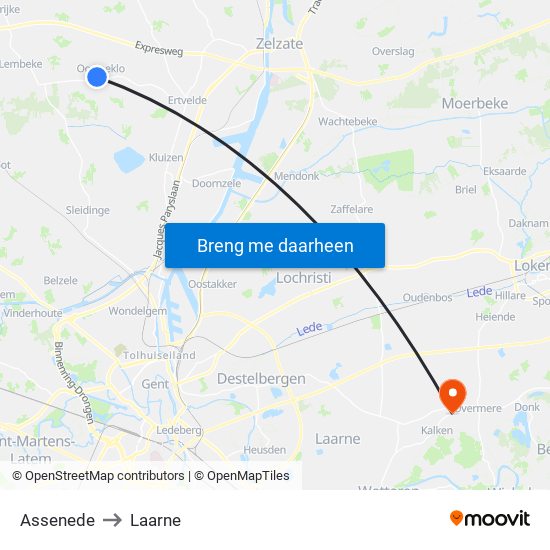 Assenede to Laarne map