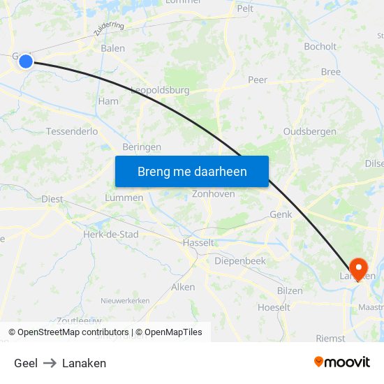 Geel to Lanaken map