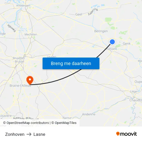 Zonhoven to Lasne map