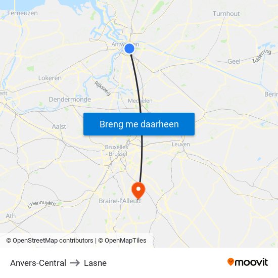 Anvers-Central to Lasne map