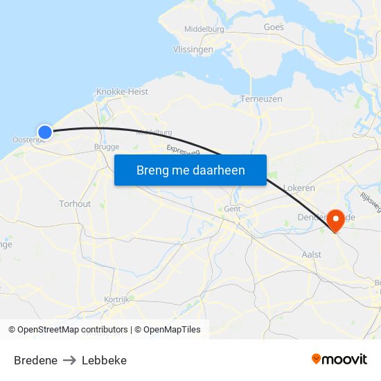 Bredene to Lebbeke map