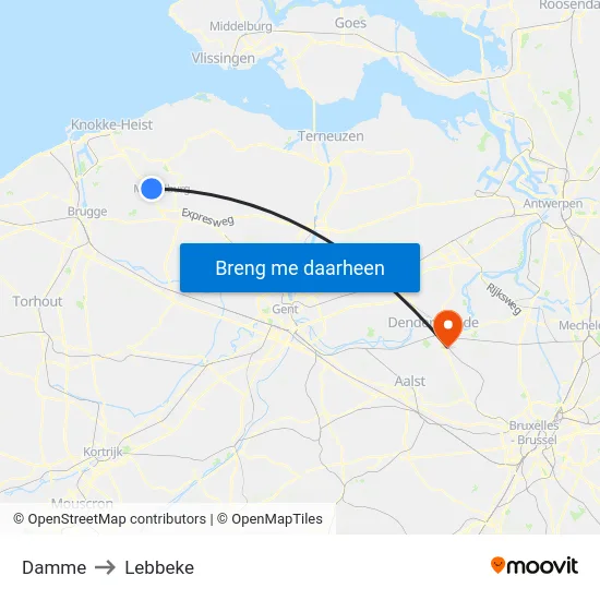 Damme to Lebbeke map