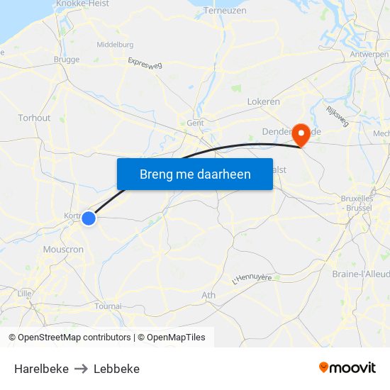 Harelbeke to Lebbeke map