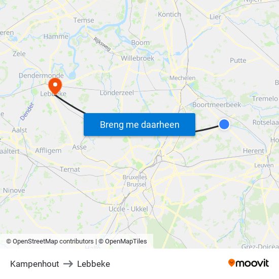 Kampenhout to Lebbeke map