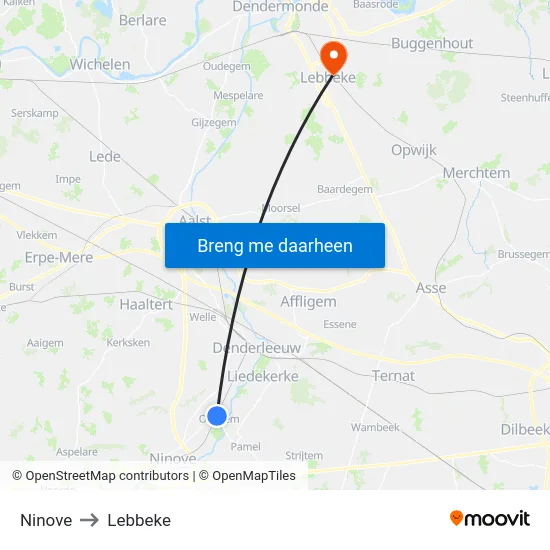 Ninove to Lebbeke map
