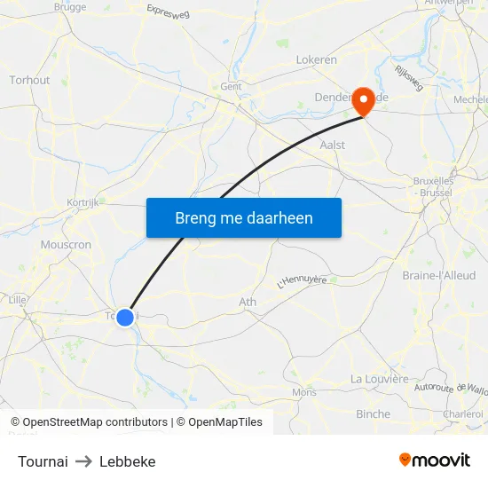 Tournai to Lebbeke map