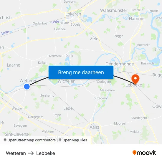 Wetteren to Lebbeke map