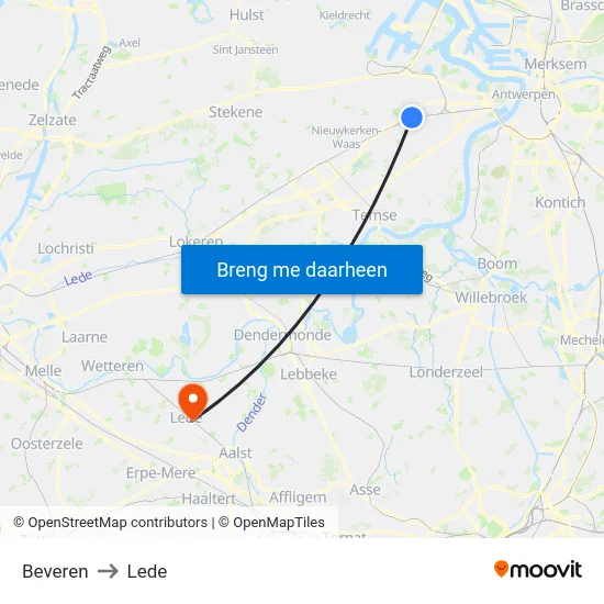 Beveren to Lede map