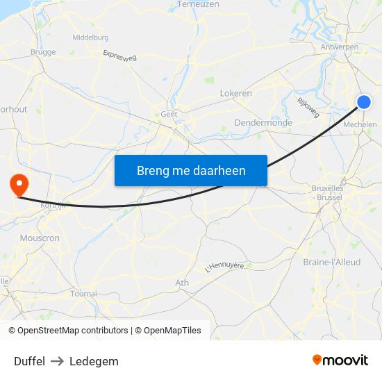 Duffel to Ledegem map