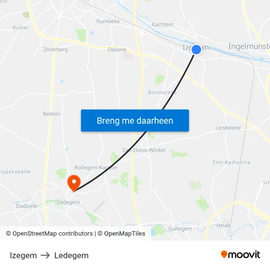 Izegem to Ledegem map