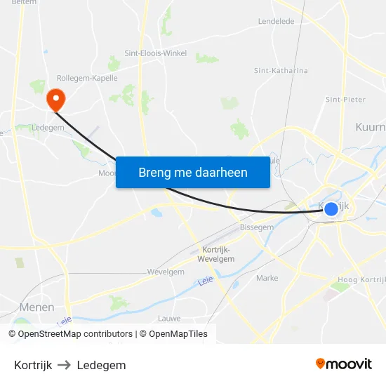 Kortrijk to Ledegem map
