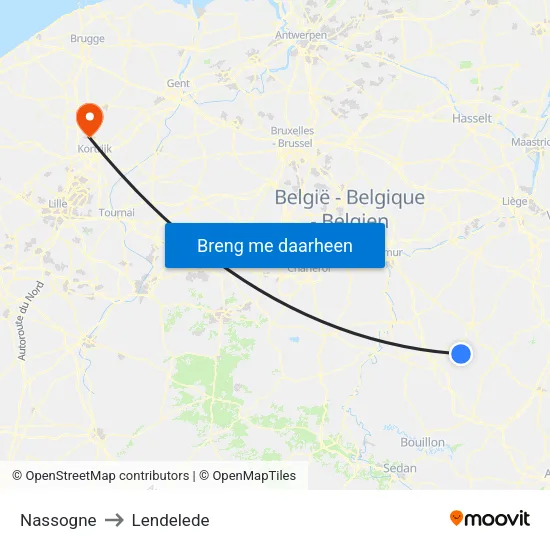 Nassogne to Lendelede map