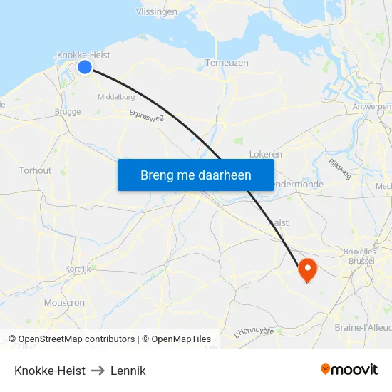 Knokke-Heist to Lennik map