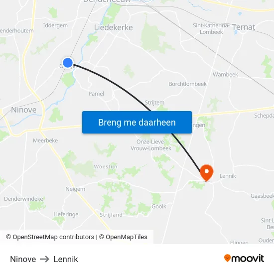 Ninove to Lennik map