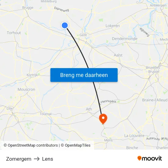 Zomergem to Lens map