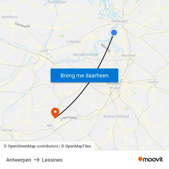 Antwerpen to Lessines map