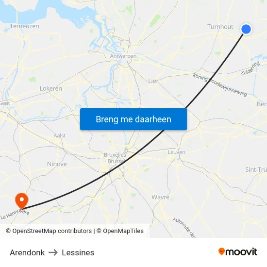 Arendonk to Lessines map