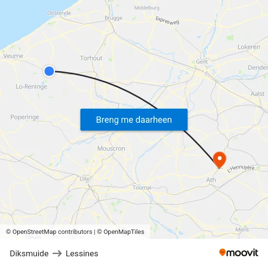 Diksmuide to Lessines map