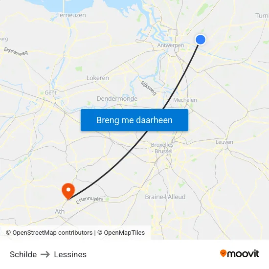 Schilde to Lessines map