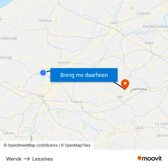 Wervik to Lessines map