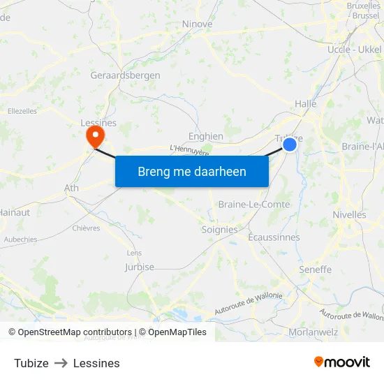 Tubize to Lessines map