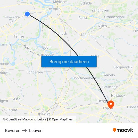 Beveren to Leuven map