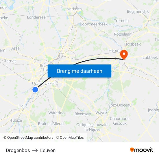 Drogenbos to Leuven map