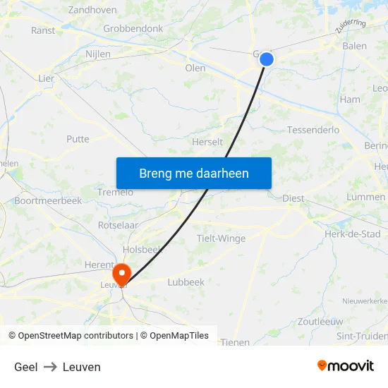 Geel to Leuven map