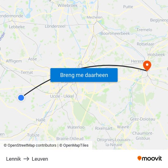 Lennik to Leuven map