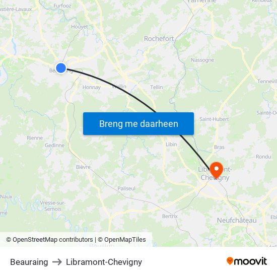 Beauraing to Libramont-Chevigny map