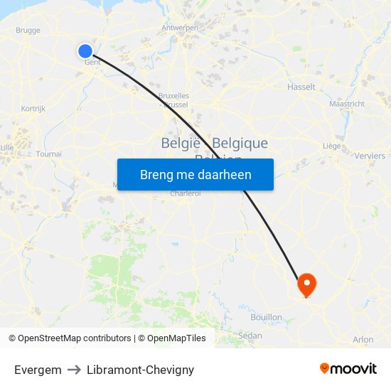 Evergem to Libramont-Chevigny map