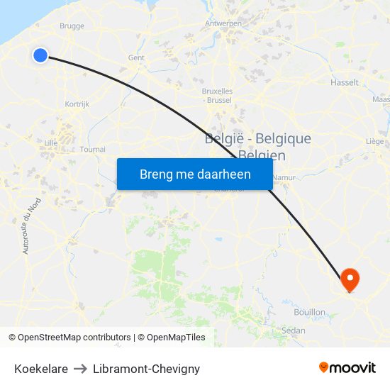 Koekelare to Libramont-Chevigny map