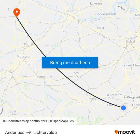 Anderlues to Lichtervelde map