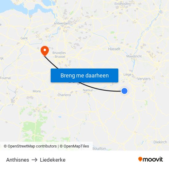 Anthisnes to Liedekerke map